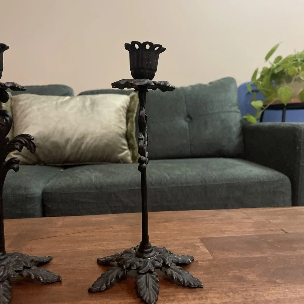 2 Vtg Cast Iron Art LB58 Ornate Taper Candlestick Candle Holder Art Nouveau Goth